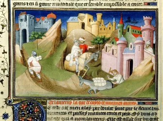 Ms Fr 2810 f.110v, Viajeros fuera de Pekín con Odorico de Pordenone, del 